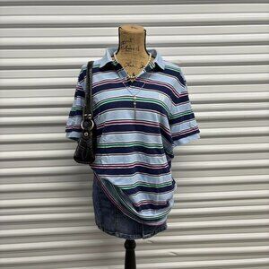 Women’s Y2K Chaps Blue and white striped polo shirt with a retro vibe